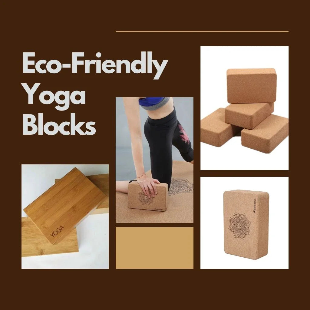 Collage grid of cork and wooden best eco friendly yoga blocks showing eco materials and supportive block designs