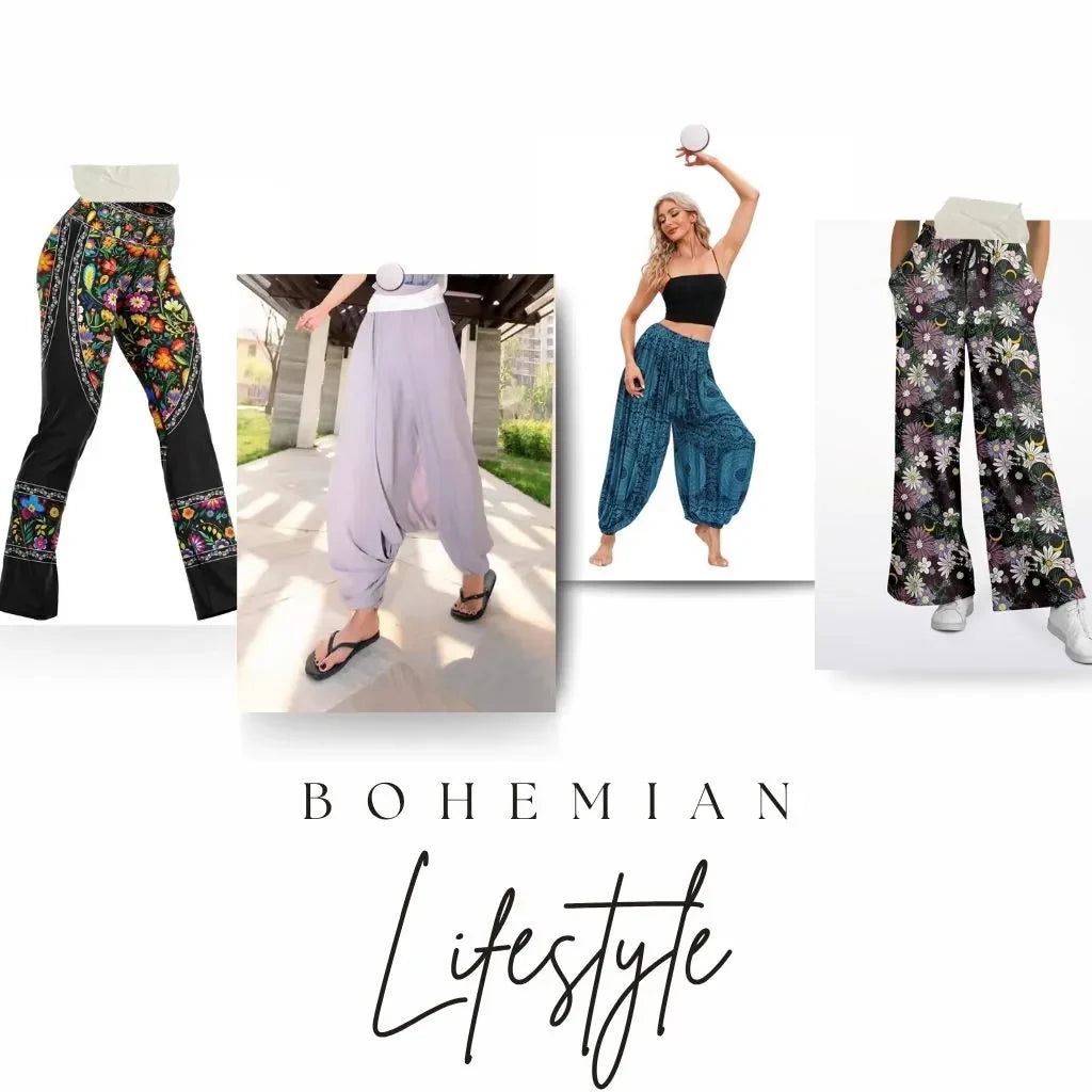 Bohemian lifestyle apparel for women and men including harem pants, joggers, and boho wear