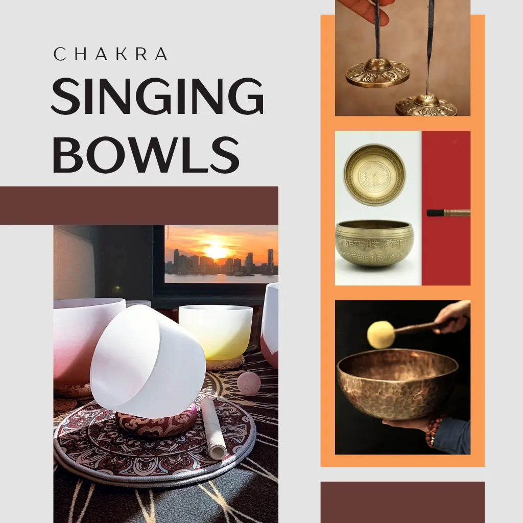 Hand-forged Chakra singing bowls (copper, quartz crystal). Resonant tones for sound baths, meditation, vibrational healing, and alignment