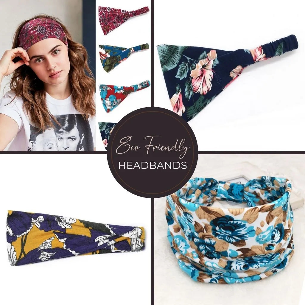Collage of eco friendly headbands in cotton, silk, and bamboo fabric showcasing breathable and sustainable options