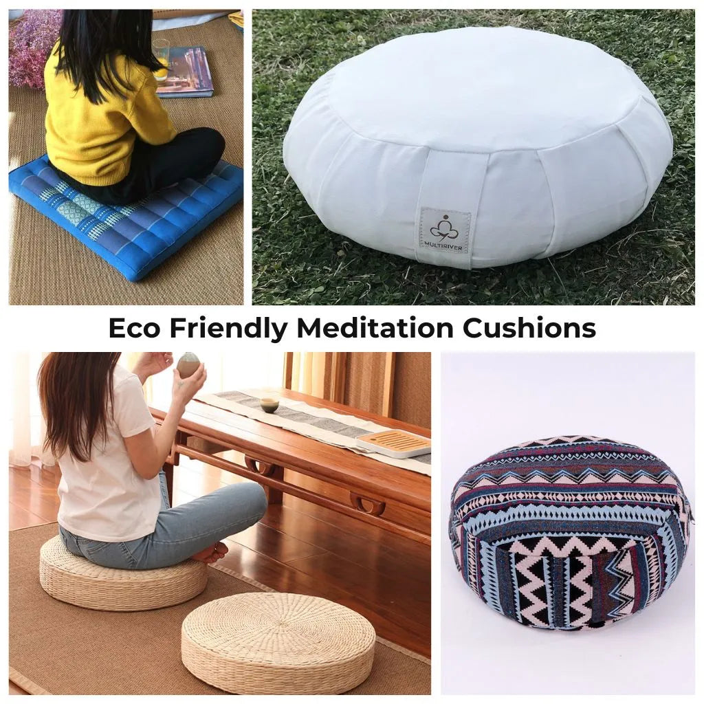 Grid collage of eco friendly meditation cushions filled with buckwheat hulls and covered in organic cotton fabric