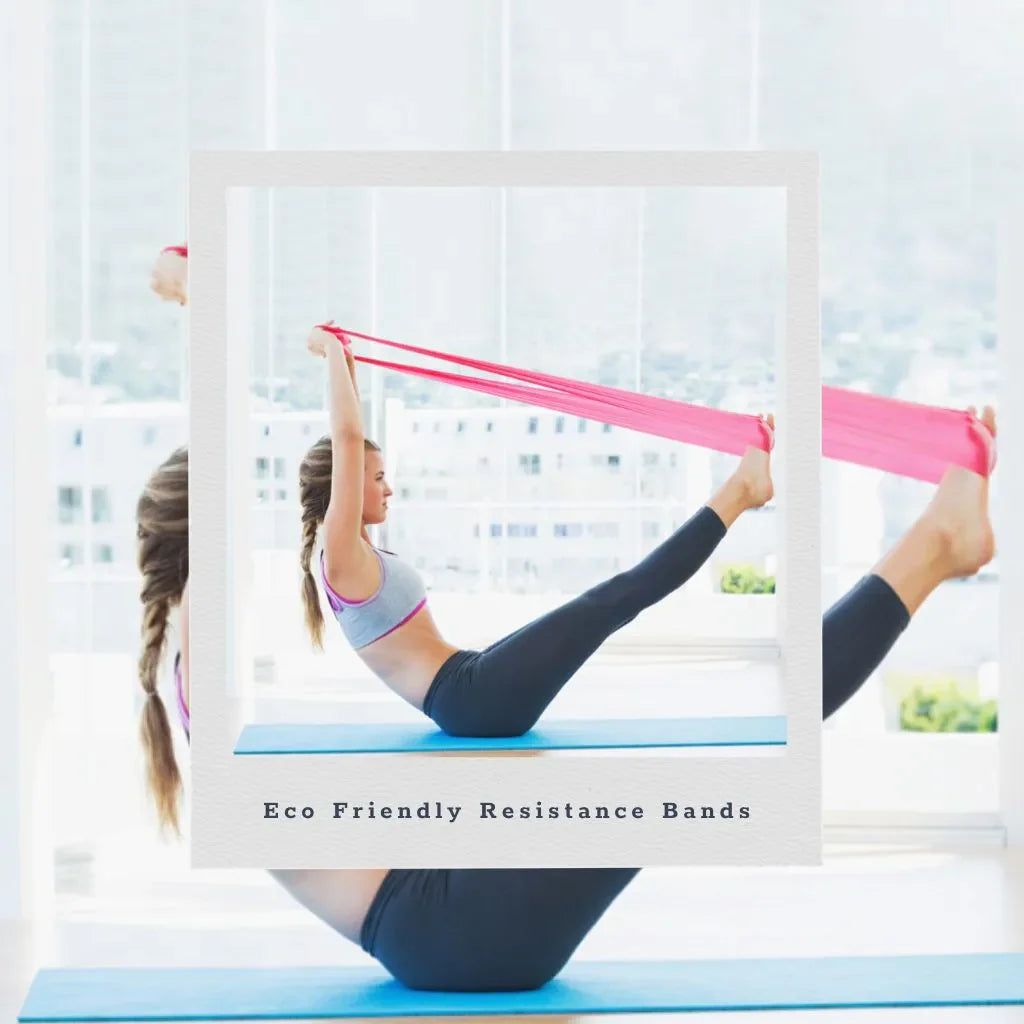 Collage of eco friendly resistance bands made from natural latex and recycled materials for fitness and yoga