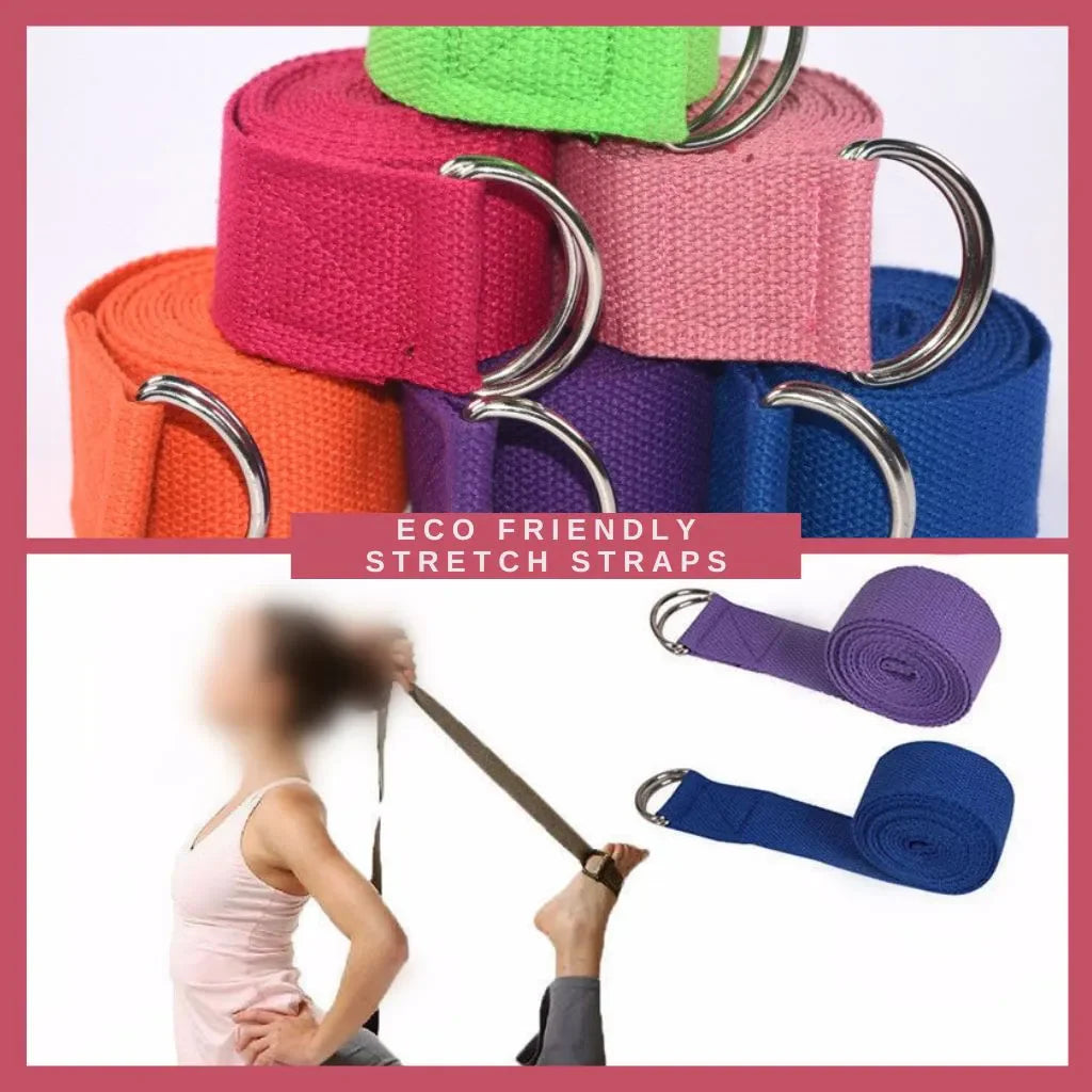 Grid display of eco friendly stretch straps in organic cotton used for flexibility and stretching