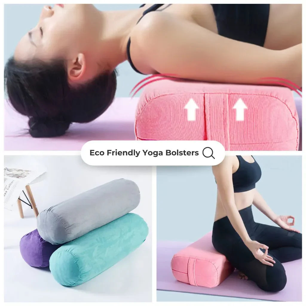 Eco friendly yoga bolsters: sustainable recycled foam, organic cotton, cylindrical, firm, removable washable cover, restorative support