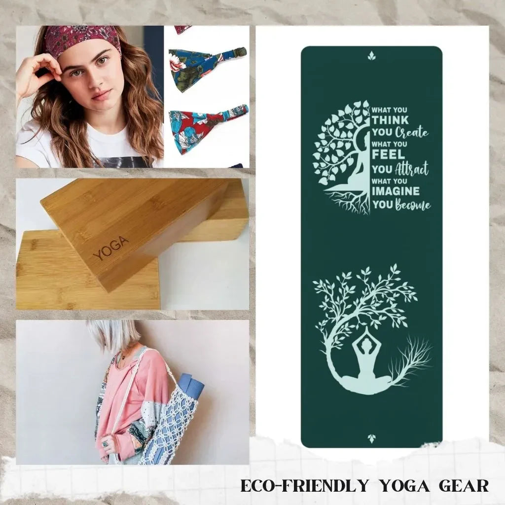 Eco-friendly yoga gear including cork blocks, recycled mats, and organic apparel
