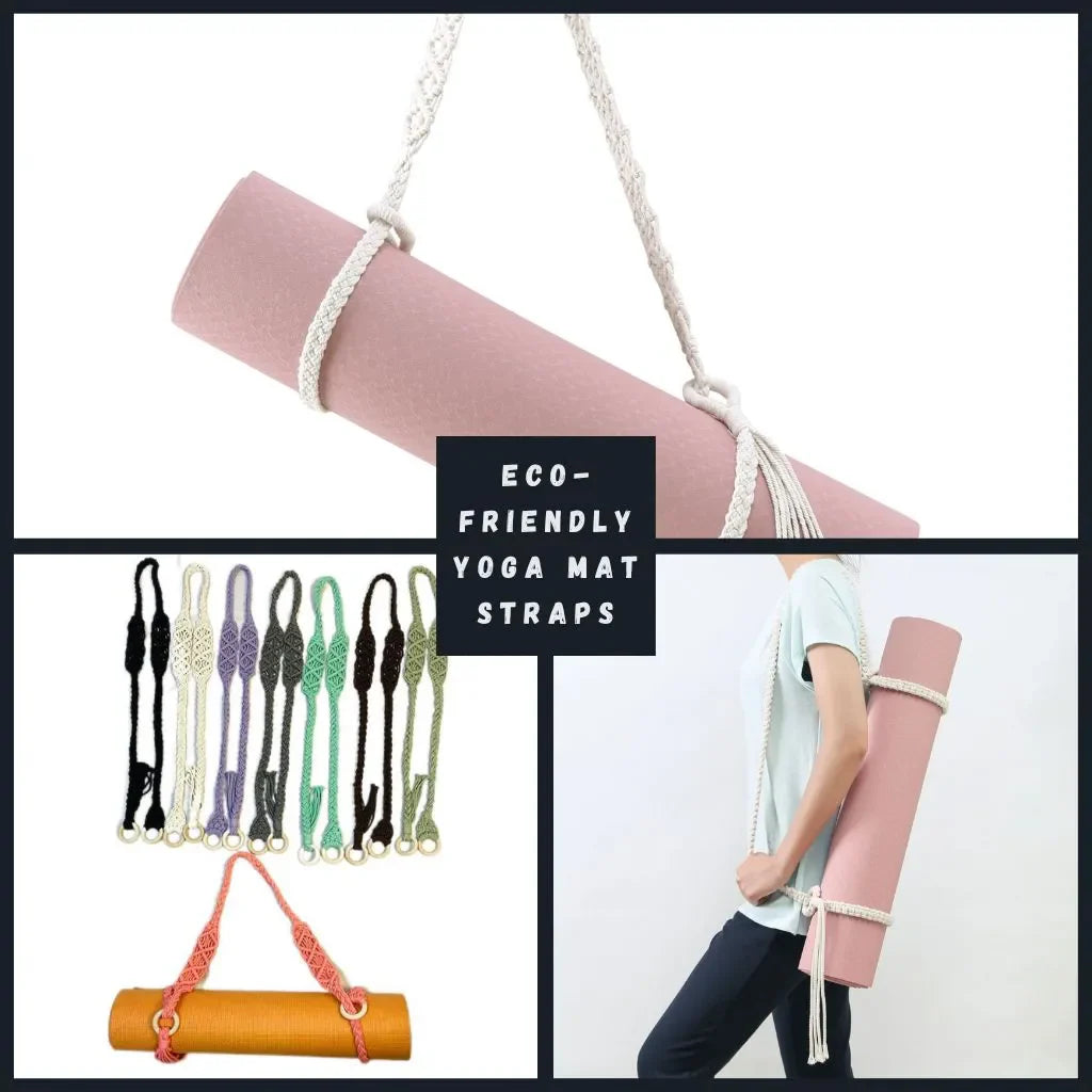Grid layout showing sustainable eco friendly yoga mat straps crafted from jute, and cotton