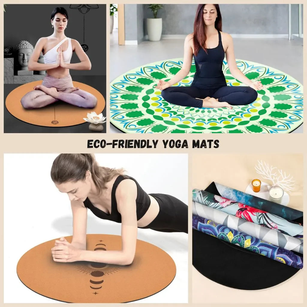 Grid of eco-friendly yoga mats made from cork, and natural rubber showing natural textures and sustainable materials