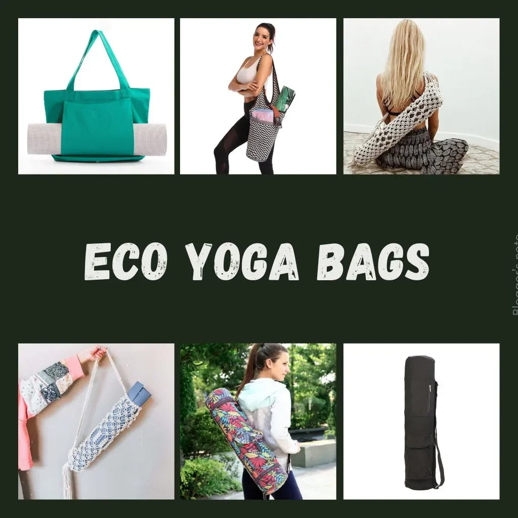 Grid display of eco yoga bags made from recycled fabrics, organic cotton, and canvas materials