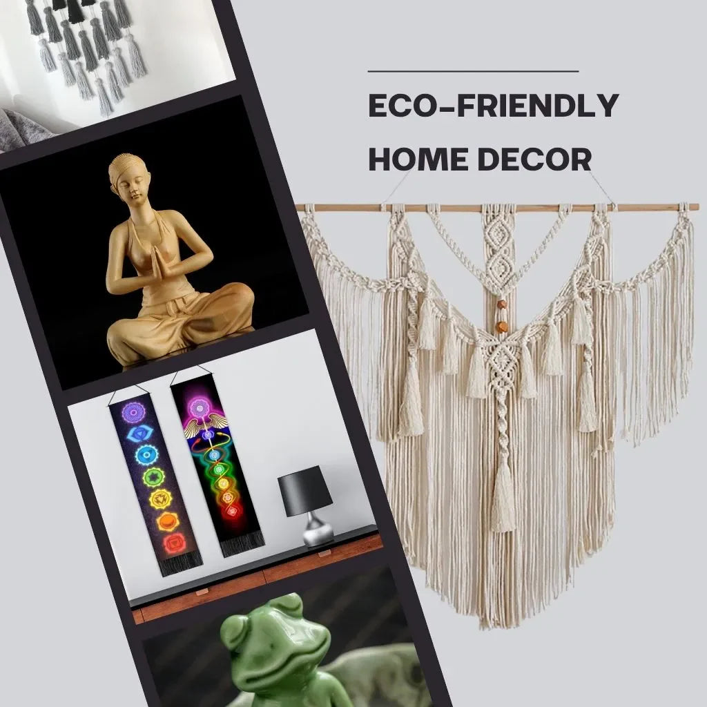 Grid collage featuring eco friendly home decor items like canvas prints, tapestries and statues