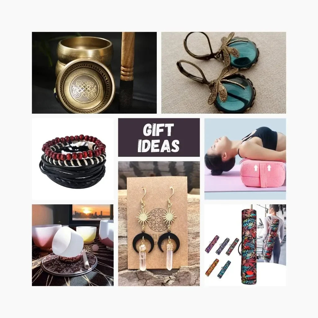 Yoga and spiritual gift ideas for women and men including jewelry, mats, and wellness kits