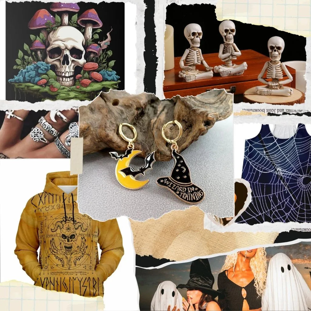 Halloween inspired yoga and spiritual collection with themed outfits, jewelry, and decor