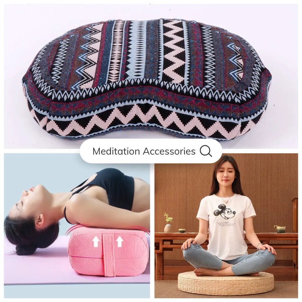 Meditation accessories including cushions, bolsters, and zafus for mindfulness practice