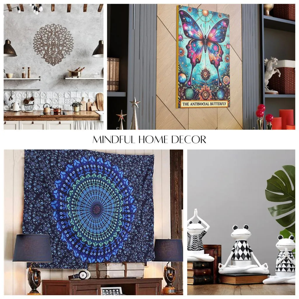 Mindful home décor with yoga art, bohemian wall hangings, and meditation-inspired pieces