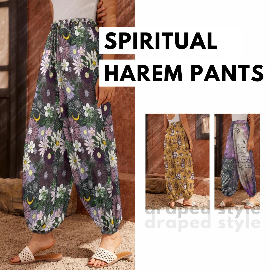 Spiritual harem pants collection with closed elastic ankles carrot silhouette sacred geometry prints French Terry fabric for yoga meditation chakra work
