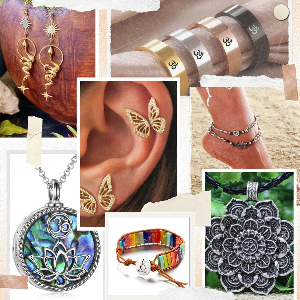 Spiritual jewelry for women and men including chakra bracelets, mala necklaces, and rings