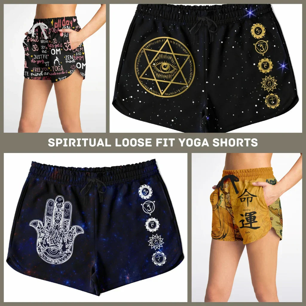 Spiritual loose yoga shorts: high-rise, drawstring, 3 pockets, 95% recycled poly, relaxed fit for yoga, casual, outdoor summer comfort