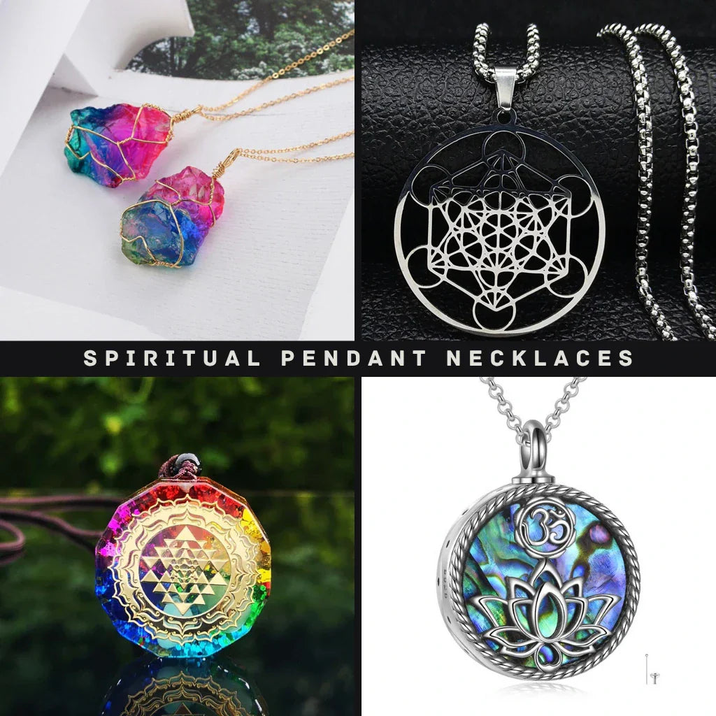 Unisex spiritual pendants: Om, mandala, Buddha, chakra, natural crystals (amethyst, rose quartz, tiger eye). Titanium steel chain for yoga/meditation