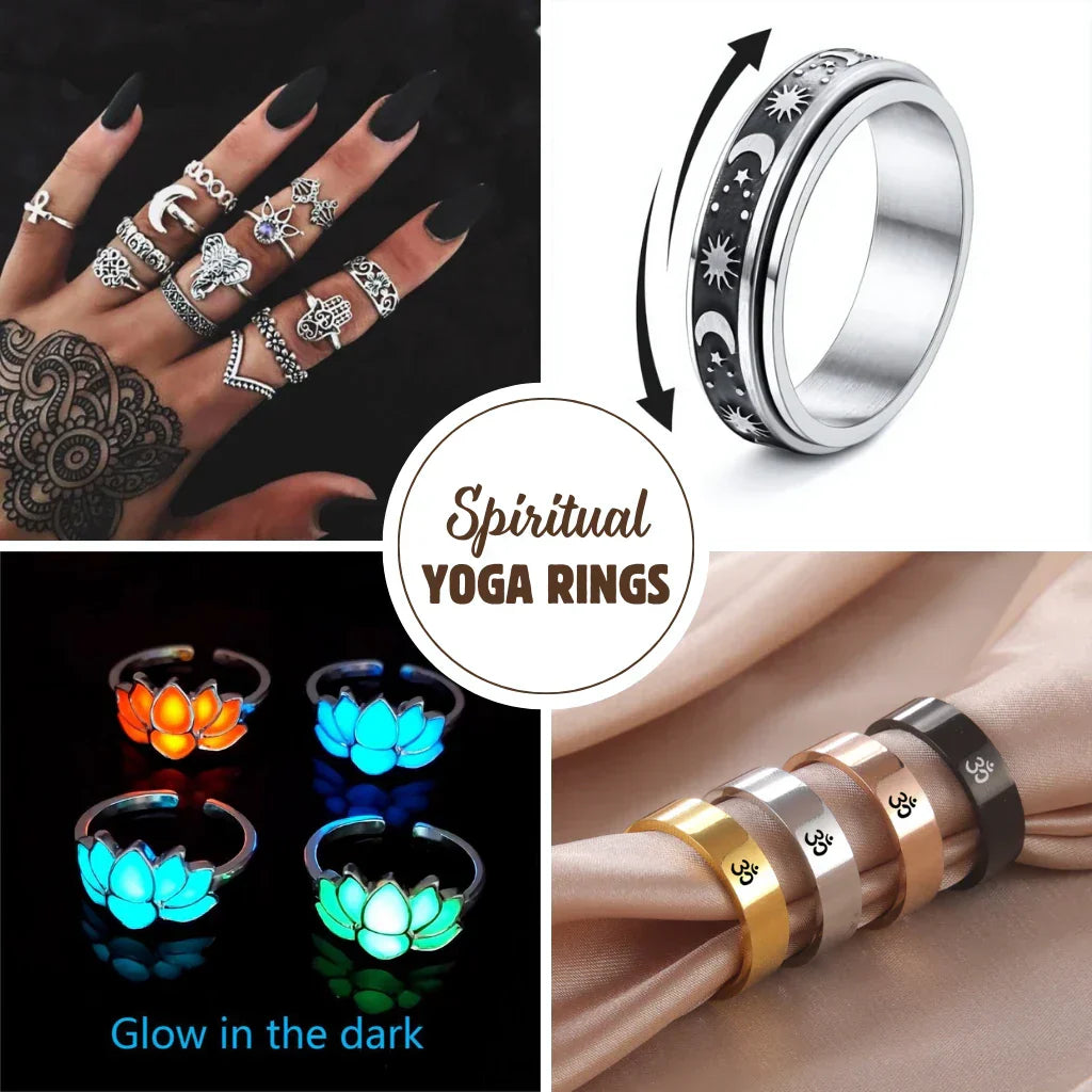 Spiritual rings collection featuring stainless steel bands with lotus motifs spinner designs adjustable sizing for yoga meditation mindful living