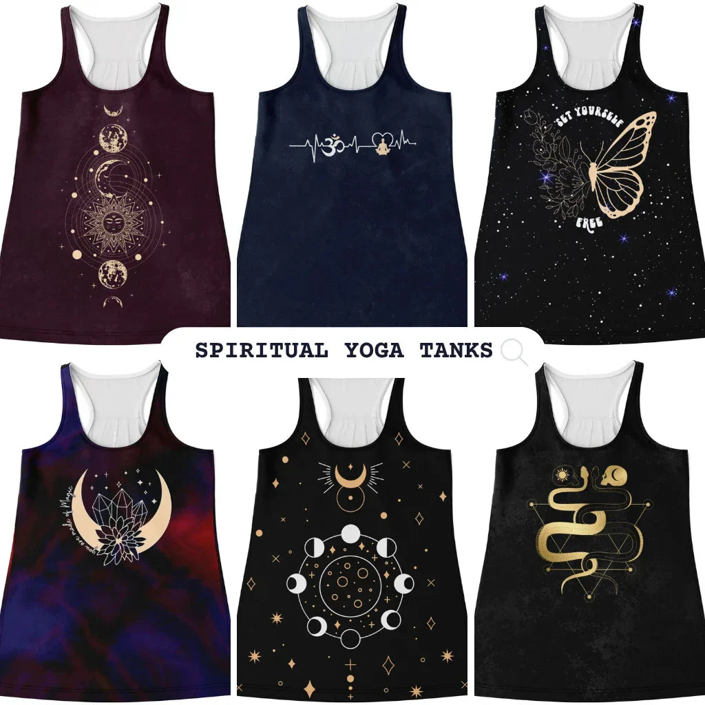 Women's spiritual racerback yoga tank. Draped fit, 100% polyester, lightweight, and breathable for active practice