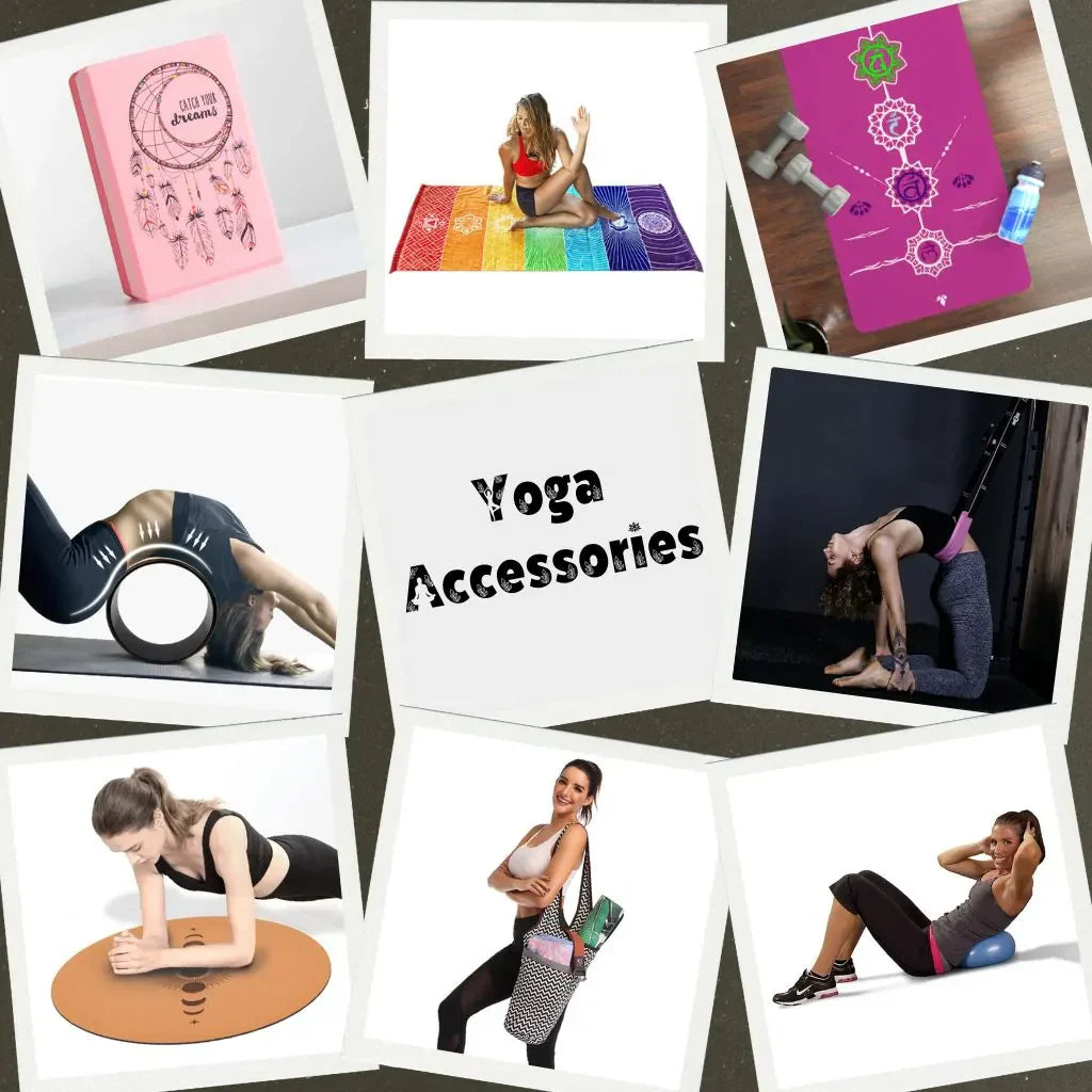 Yoga accessories for women and men including blocks, straps, and wheels