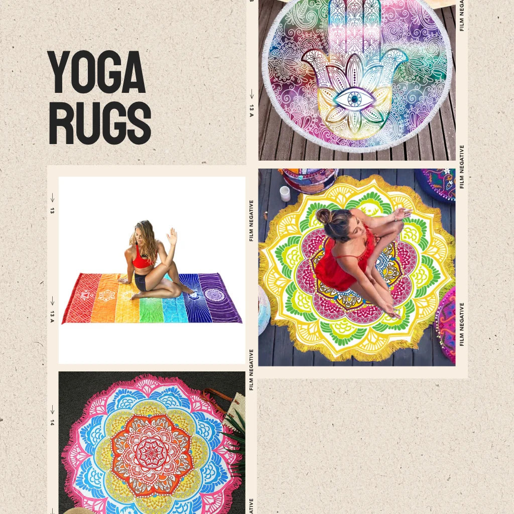 Round 150cm boho mandala yoga rug. Soft microfiber, tassel fringe. Multipurpose beach towel/meditation carpet