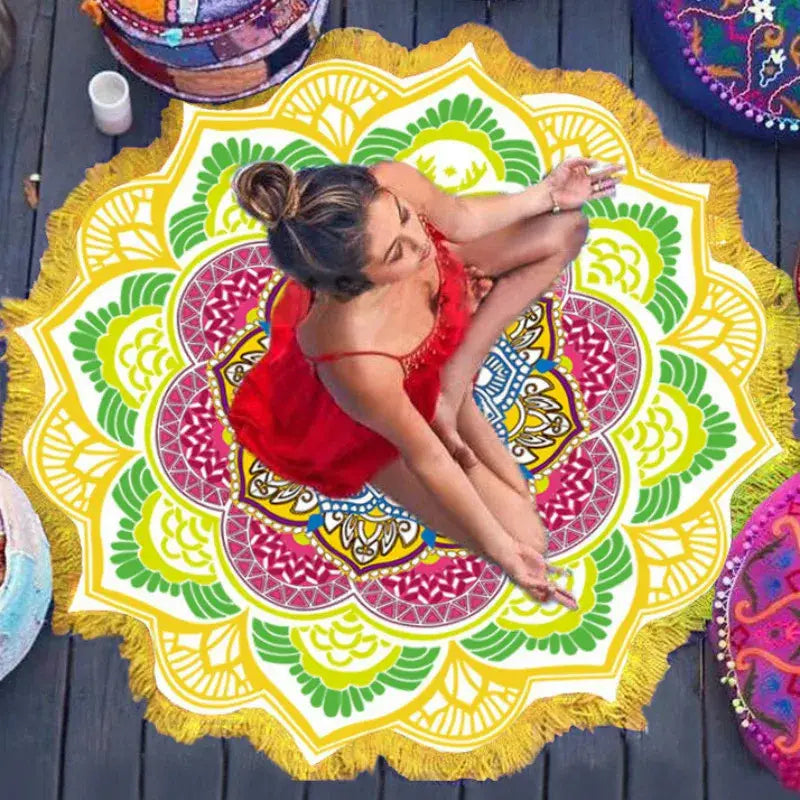 BOHO ROUND BEACH YOGA MAT WITH ETHNIC PRINT & TASSELS