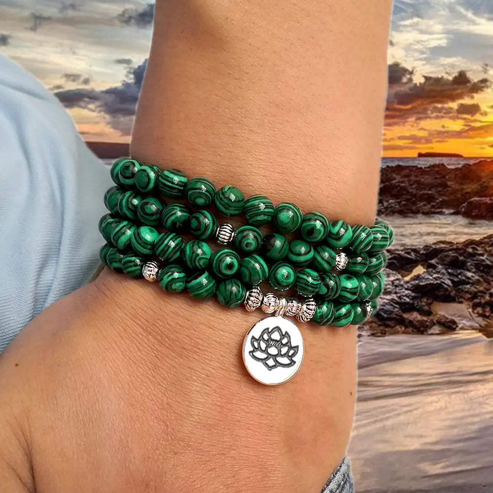 LOTUS MALACHITE BEAD WRAP BRACELET FOR SPIRITUAL HARMONY