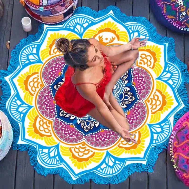 BOHO ROUND BEACH YOGA MAT WITH ETHNIC PRINT & TASSELS