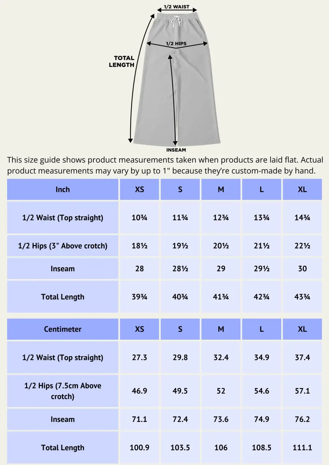 Bell Bottom Yoga Pant size chart and measurement diagram