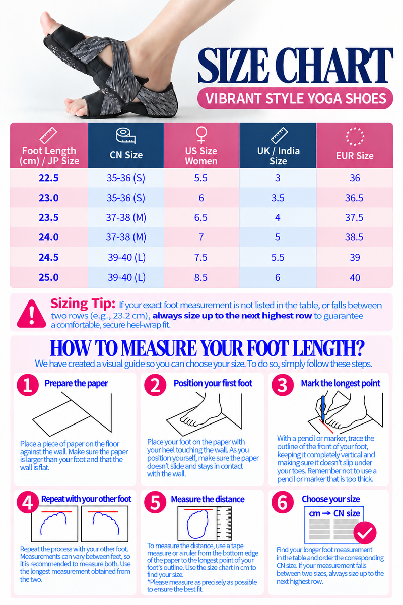 Detailed size chart and measurement guide for Best Yoga Shoes For Women In Vibrant Styles