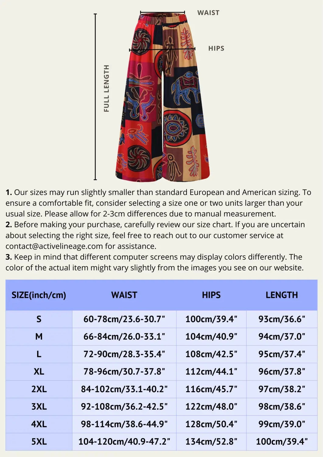 Big Booty Flare Pants size chart with waist, hip, and length measurements