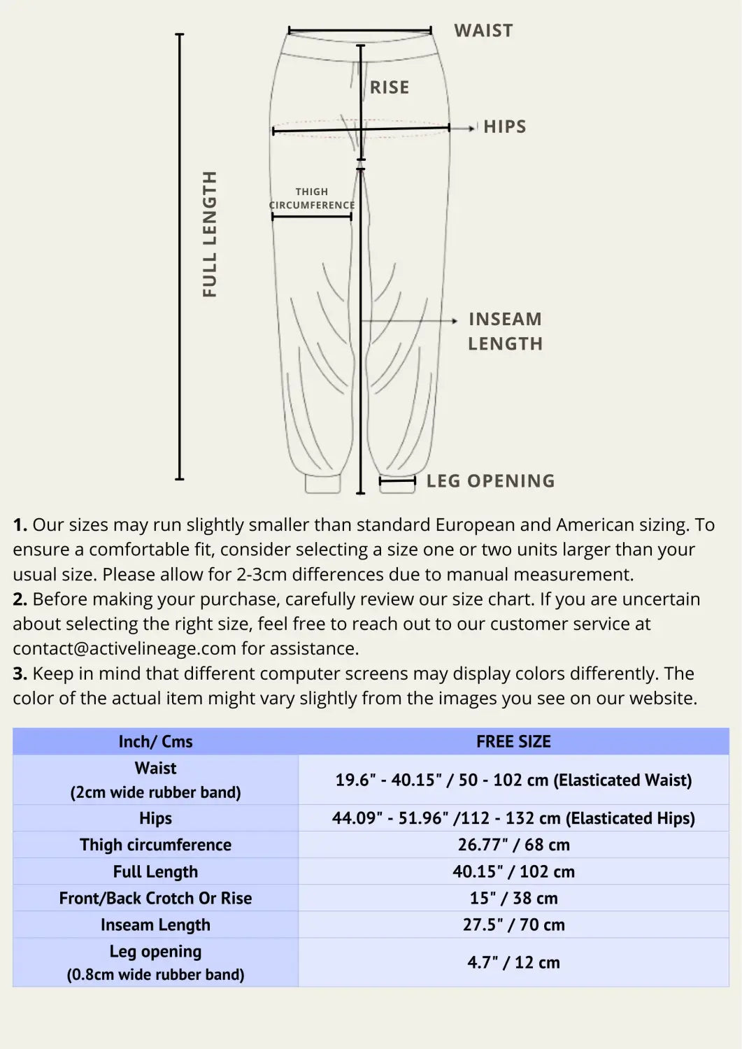 Bohemian Chic Pants size chart and measurement diagram