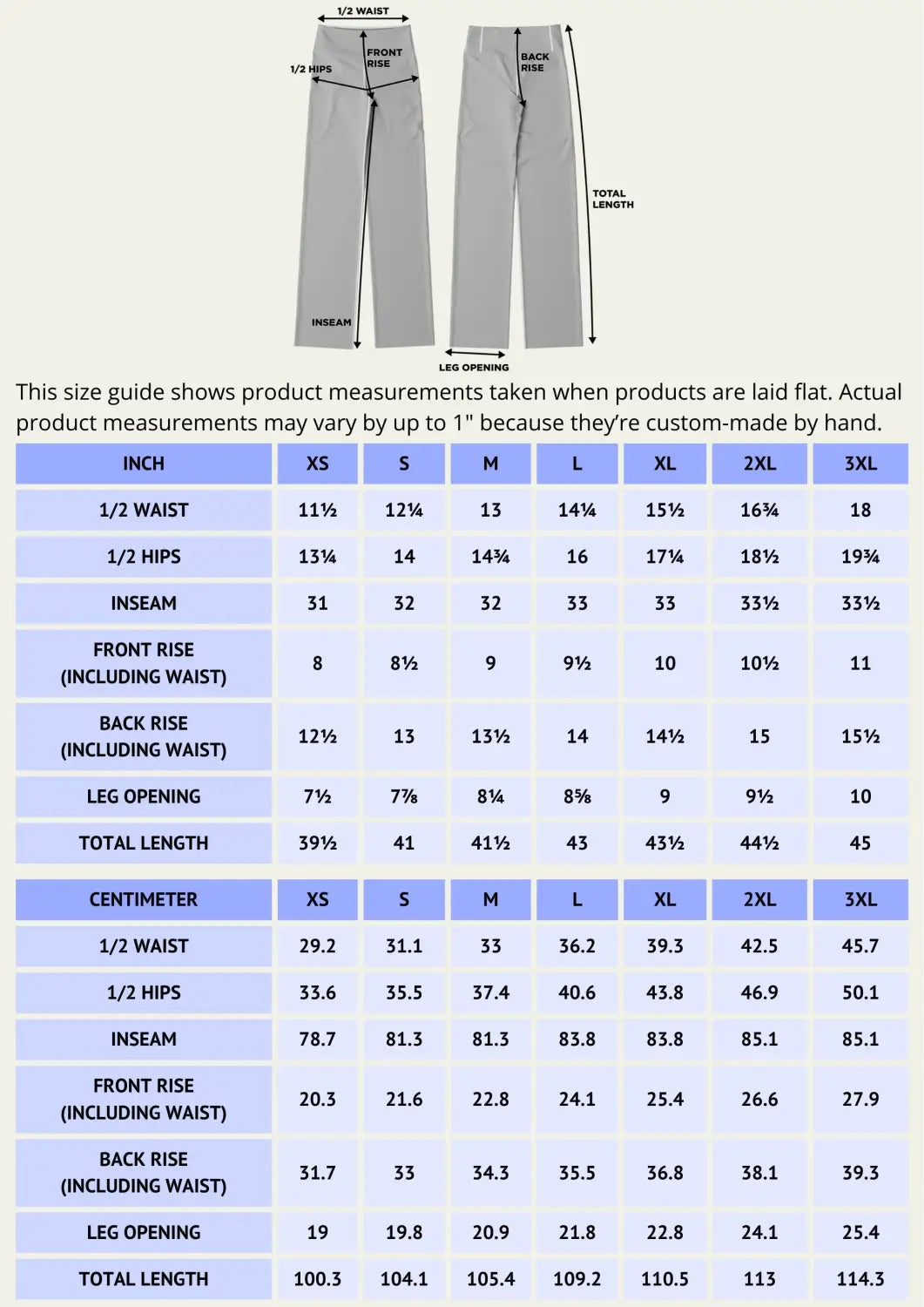 Boho Flare Leggings size chart and measurement diagram
