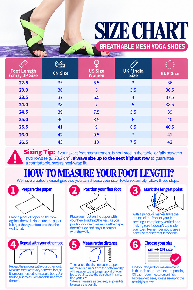 Detailed size chart and measurement guide for Breathable Mesh Shoes For Yoga And Studio Flow