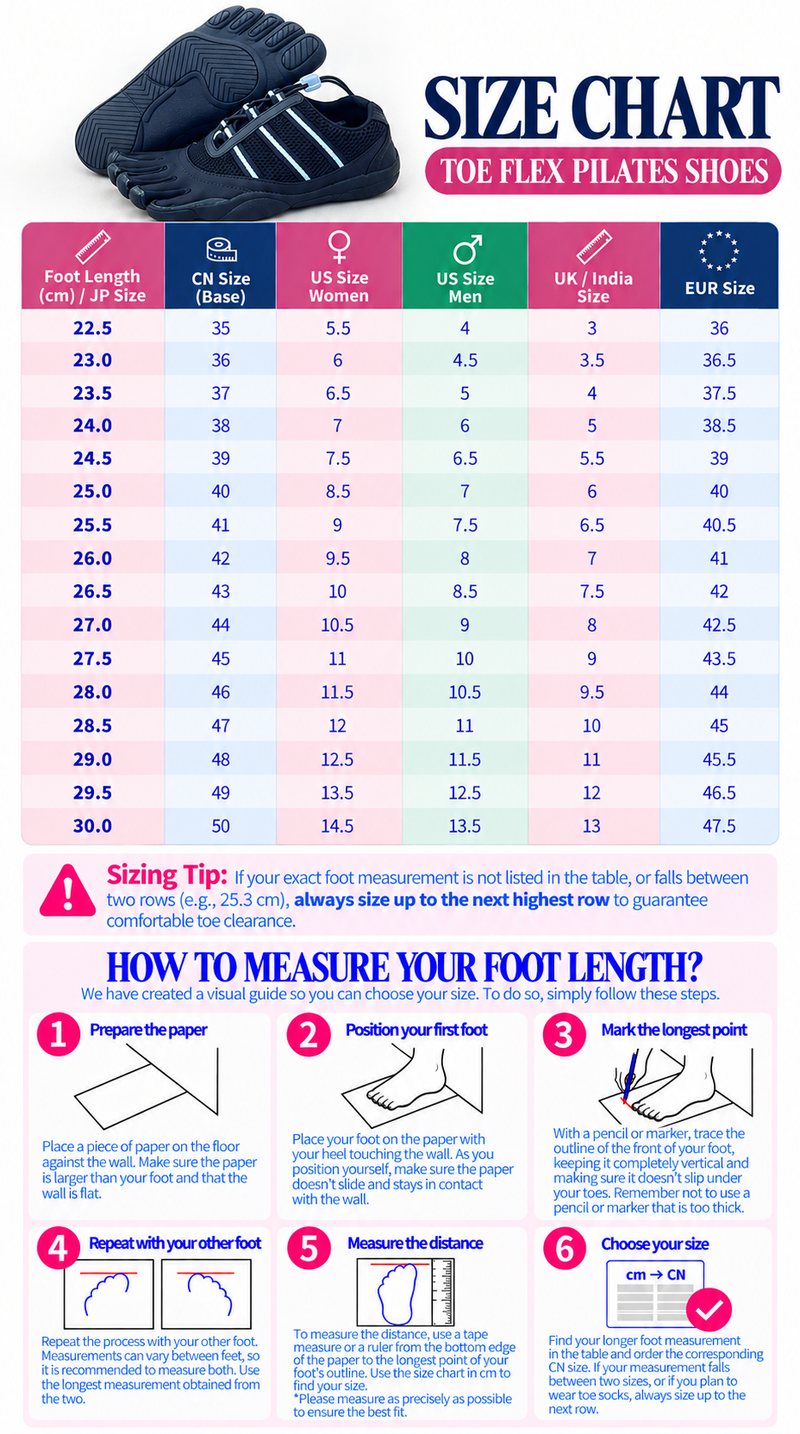 Detailed size chart and measurement guide for Breathable Pilates Shoes With Toe Flex Design