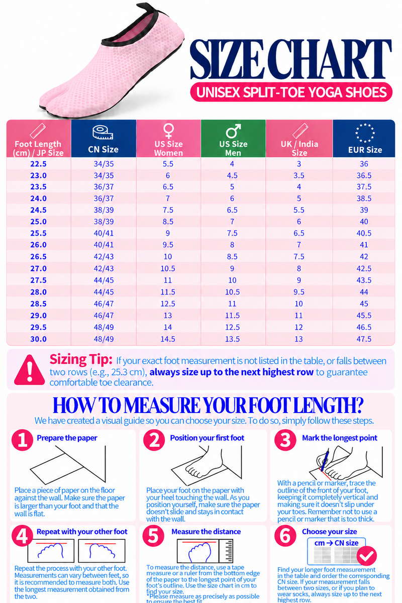 Detailed size chart and measurement guide for Breathable Yoga Exercise Shoes For Studio And Beyond