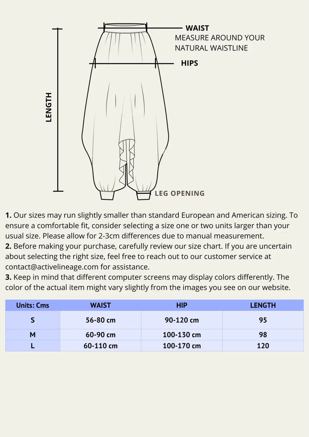 Drop Pants size chart and measurement diagram