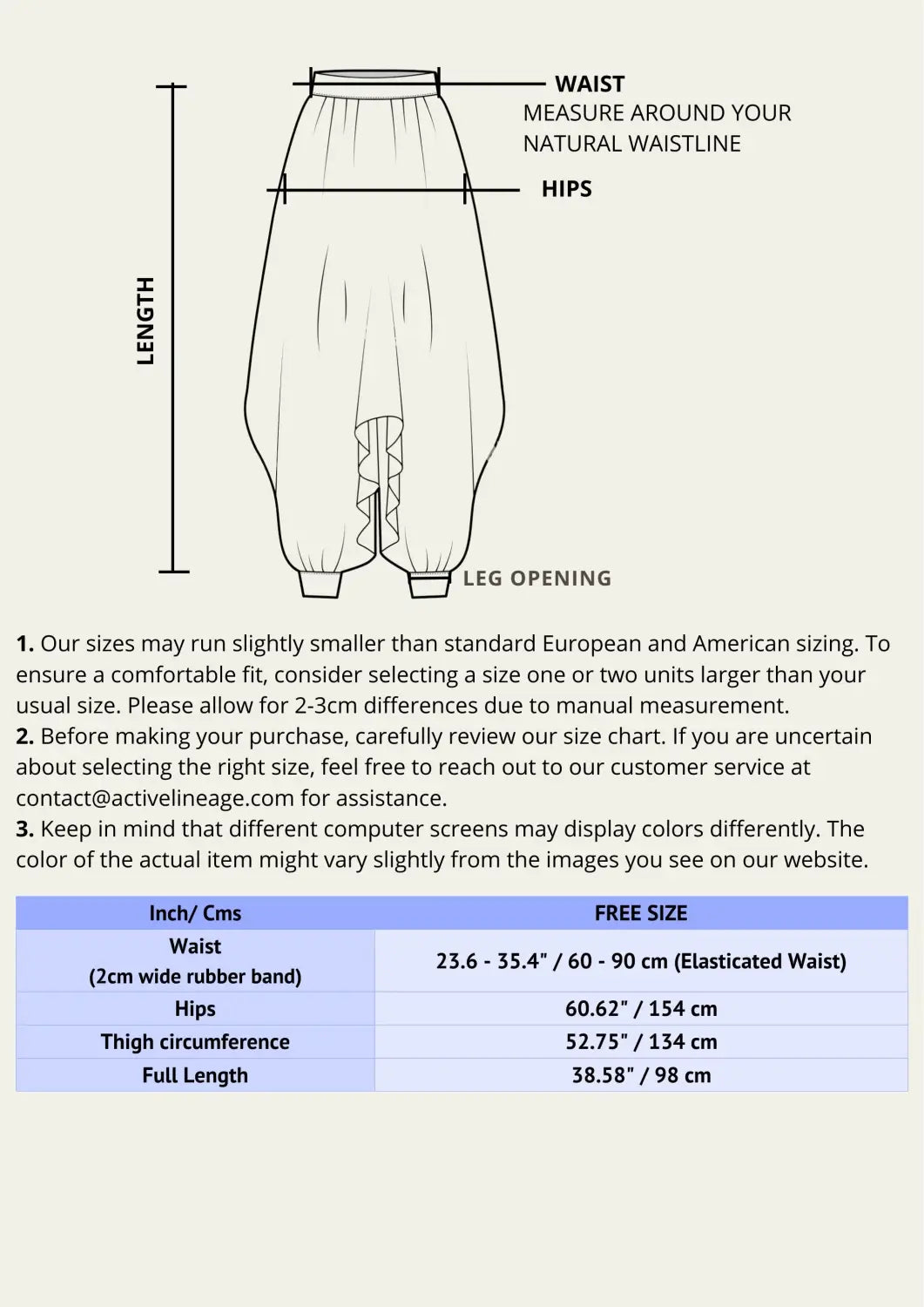 Dropping Pants size chart and measurement guide