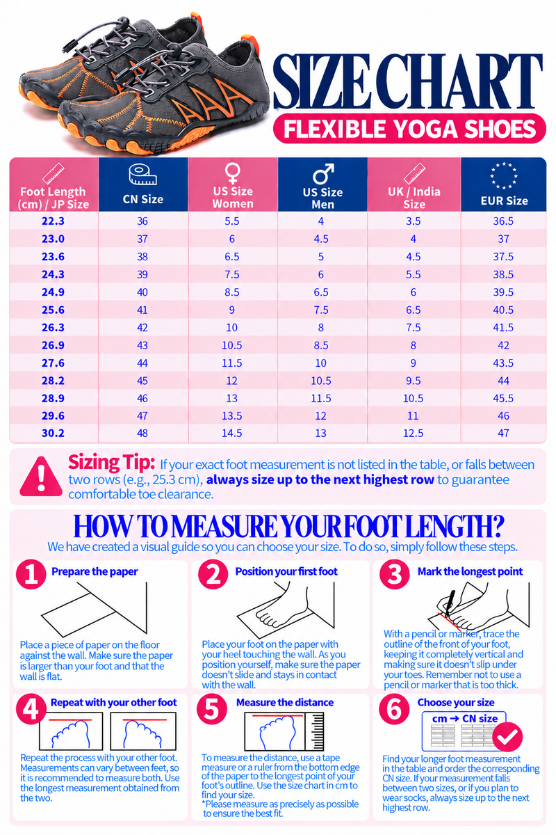 Detailed size chart and measurement guide for Flexible Yoga Shoes For Men With Elastic Slip-On Fit