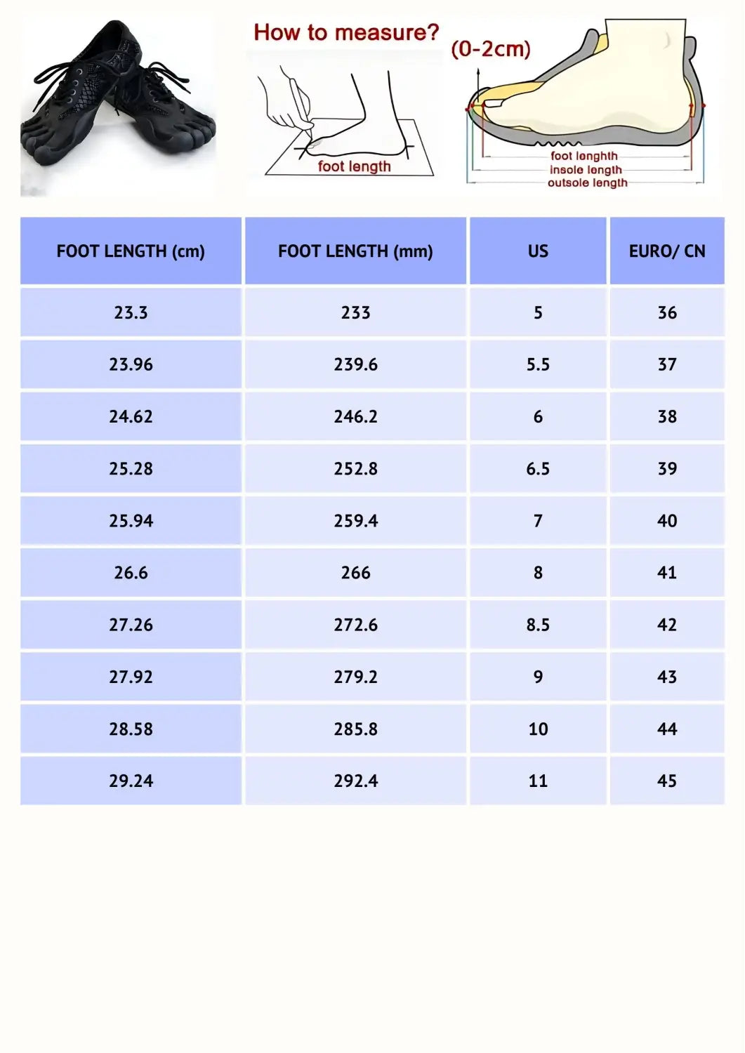 footwear for yoga size chart with foot length and US EU sizes