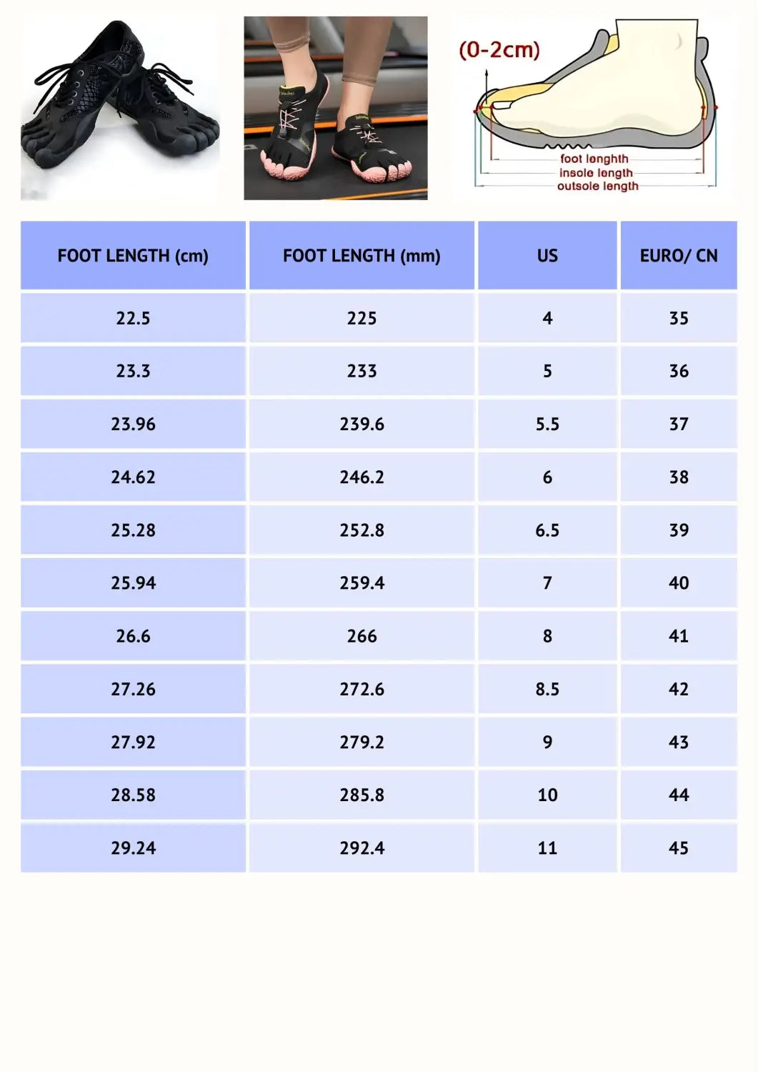 footwear for yoga size chart with foot length and US EU sizes
