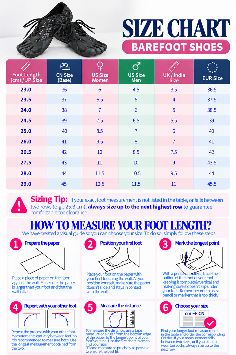 Detailed size chart and measurement guide for Grip Flex Barefoot Yoga Shoes For Grounded Practice