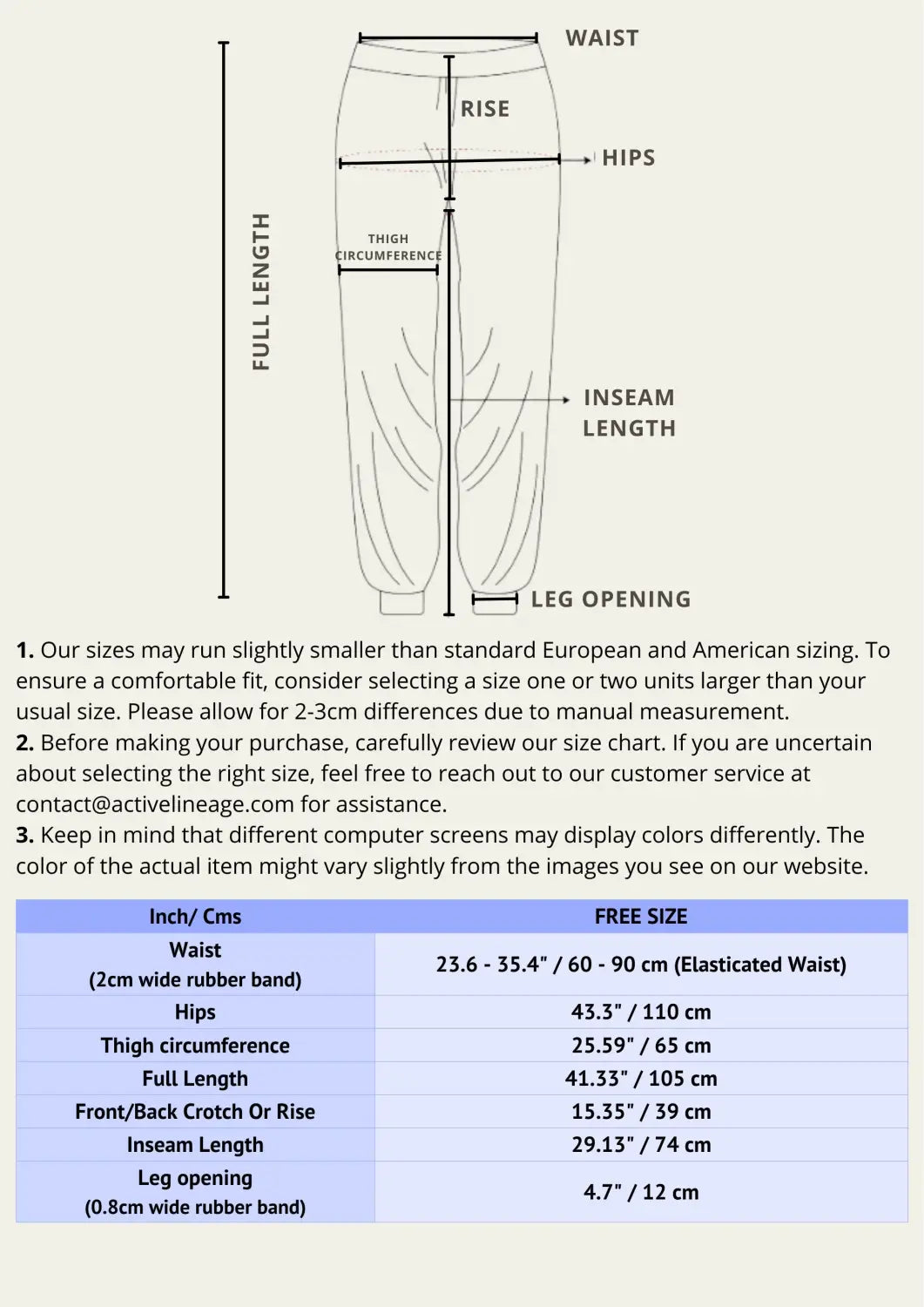 Hippie Style Pants size chart and measurement diagram