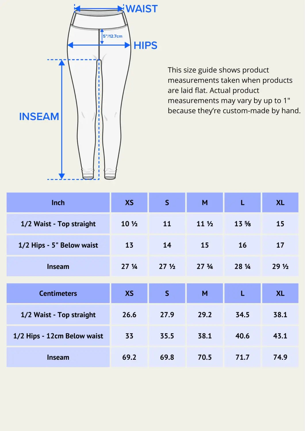Colorful Workout Sets leggings size chart with waist, hip, inseam diagram