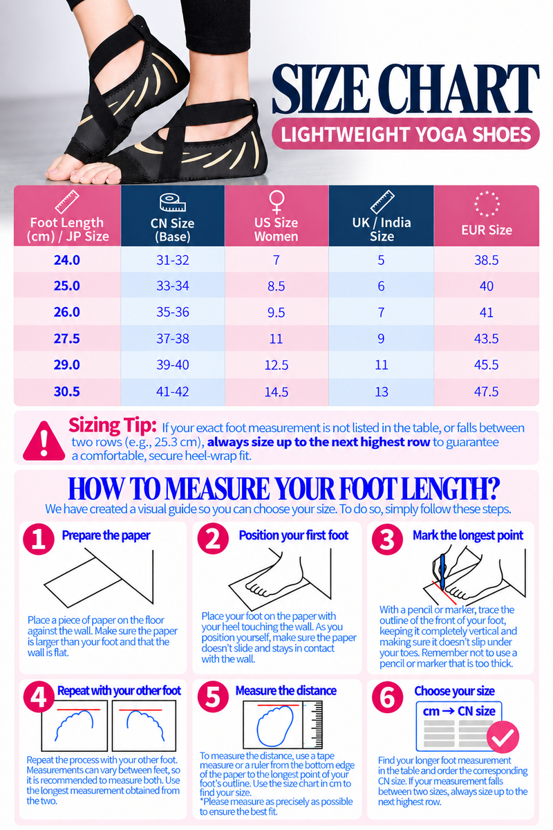 Detailed size chart and measurement guide for Lightweight Yoga Shoes For Women With Grip Support