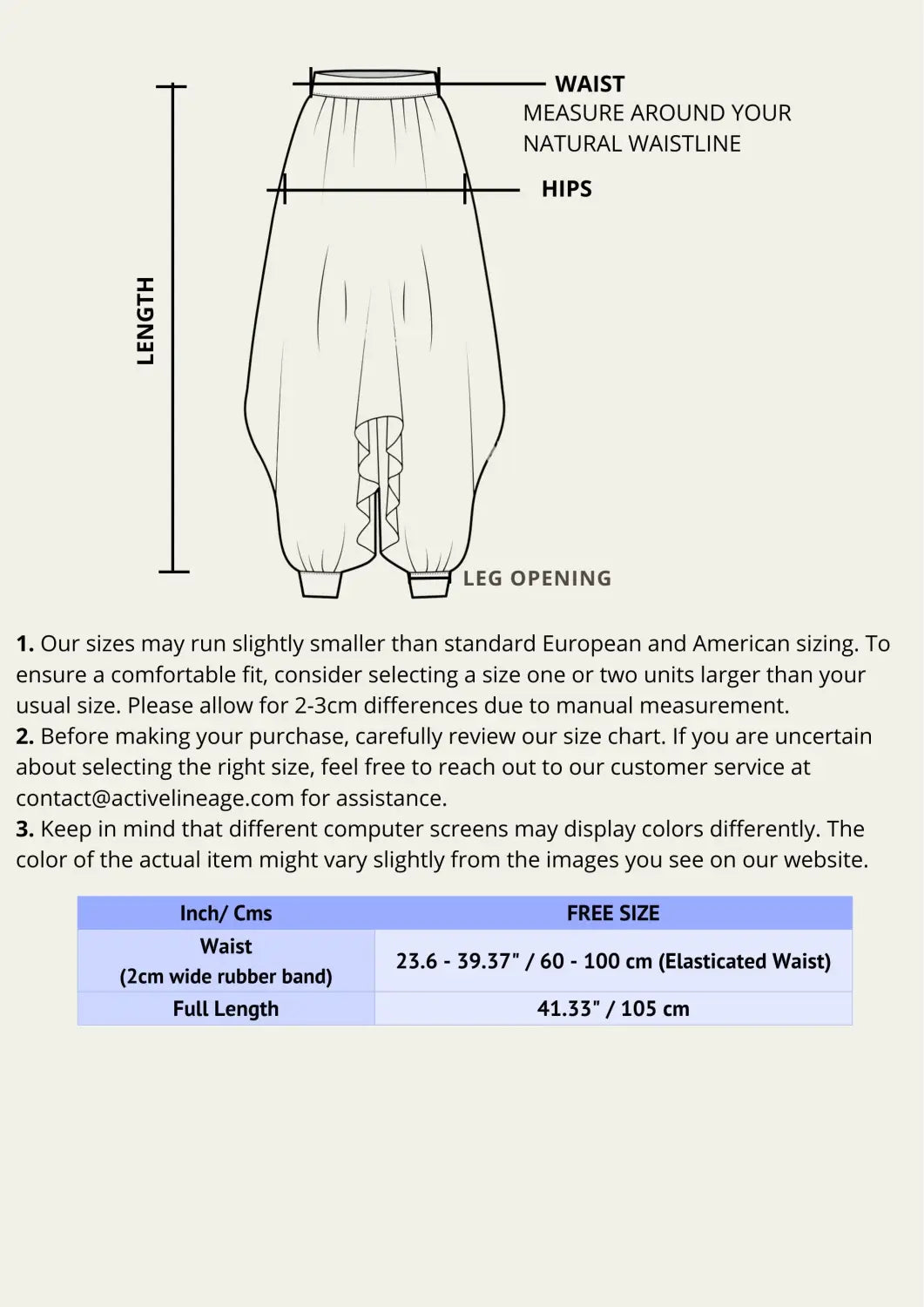 Loose Crotch Pants size chart with measurement diagram
