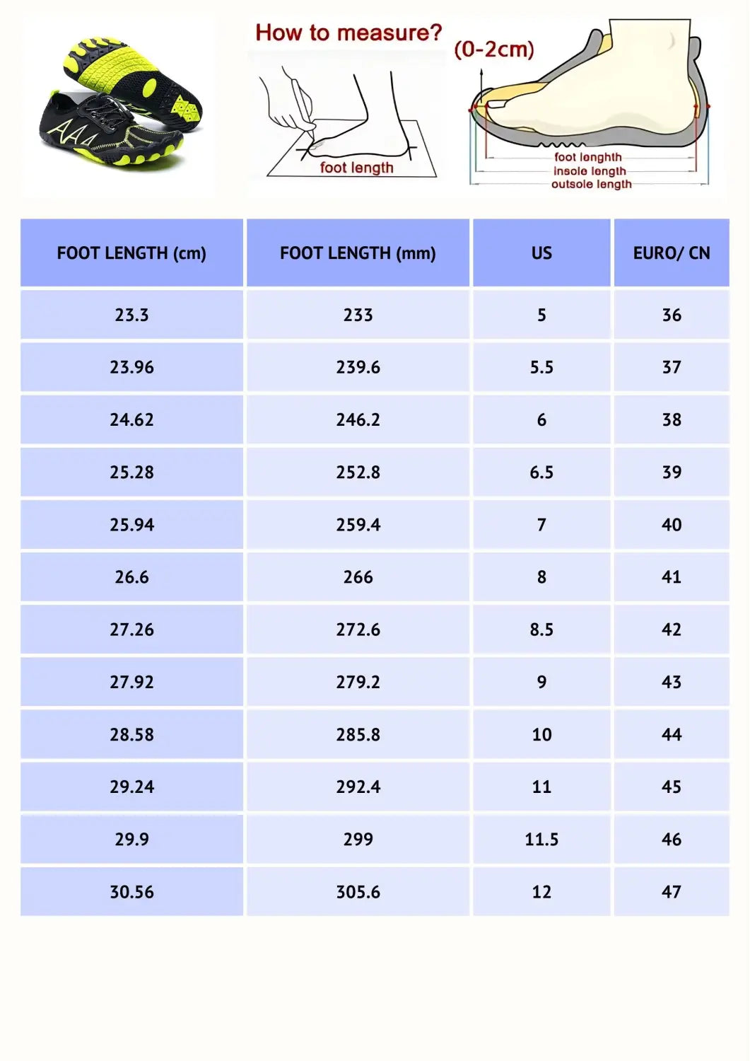 men's yoga shoes size guide chart with US, EU, and CN conversions