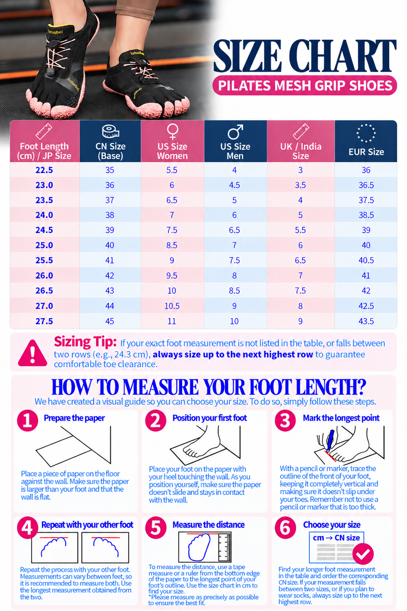 Detailed size chart and measurement guide for Pilates Grip Shoes With Breathable Mesh Comfort