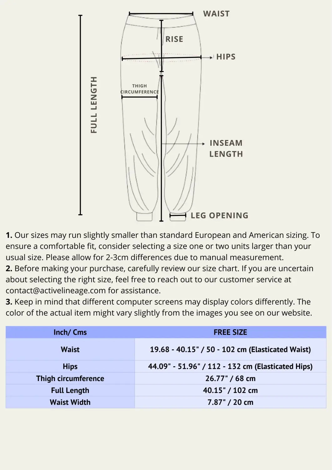 Poofy Pants size chart with boho style measurement diagram