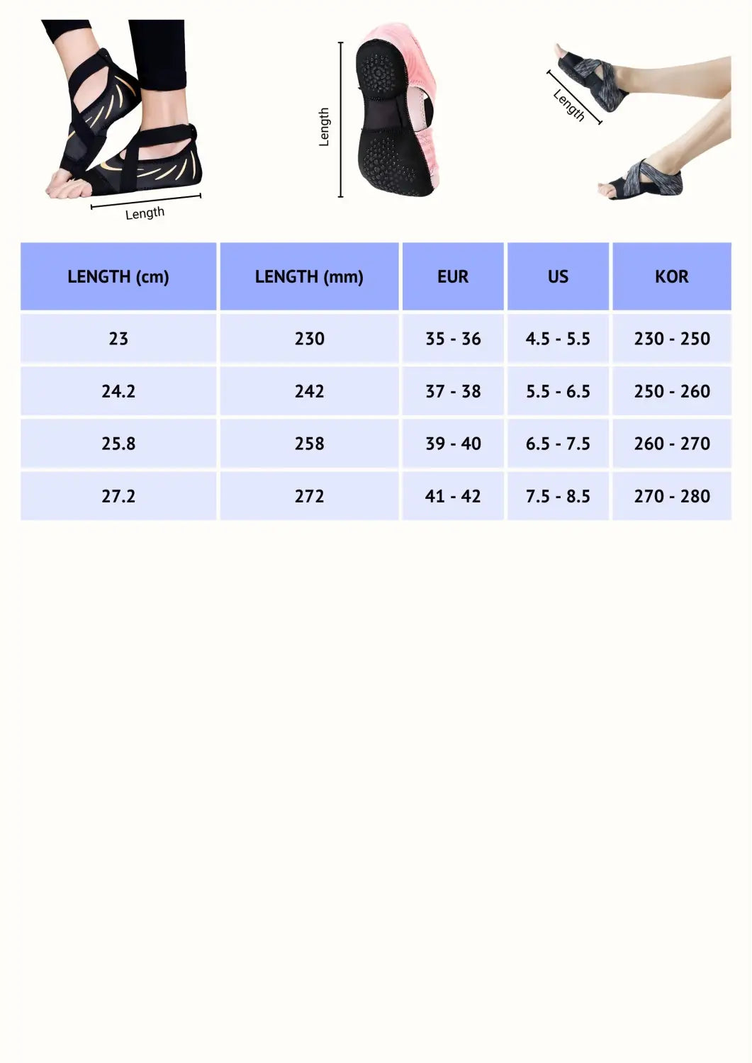 Shoes for yoga class size guide chart with foot length in cm, US, and EU sizes.